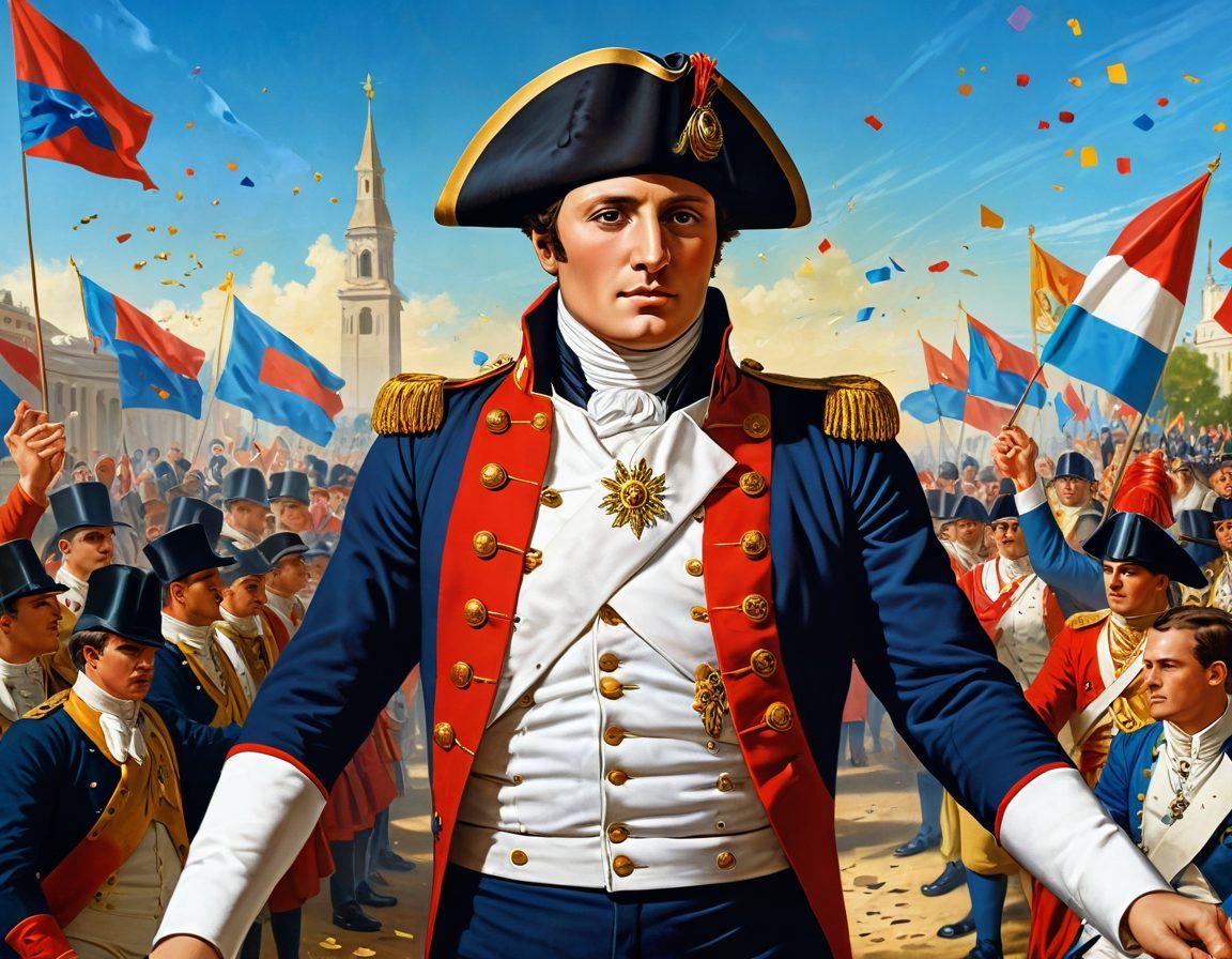 A dynamic depiction of Napoleon Bonaparte, dressed in his iconic military uniform, standing confidently amidst a vibrant landscape filled with historical figures and cheerful spectators. The scene is infused with elements of celebration, such as colorful banners, confetti, and smiling faces, all under a bright blue sky. Enhance the mood with warm golden sunlight illuminating the figures, showcasing a blend of charisma and joy in history. vector art. vibrant colors. 3D.