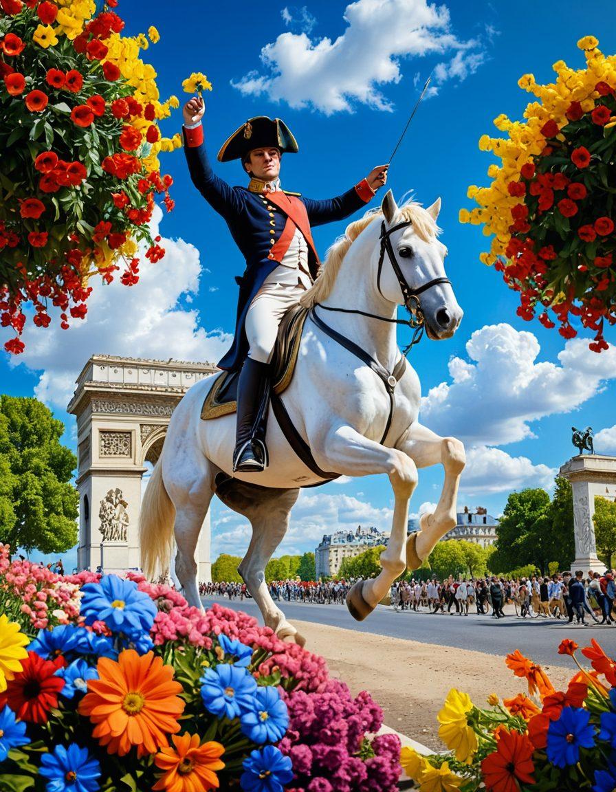 A whimsical tribute to Napoleon, showcasing a joyful scene with him riding a spirited horse through a vibrant French landscape filled with colorful flowers and cheerful citizens celebrating around him. Include elements of historical architecture in the background, like the Arc de Triomphe, blended with hints of joy and festivity. The sky should be bright blue with fluffy white clouds. cartoonish style. vibrant colors. lively atmosphere.
