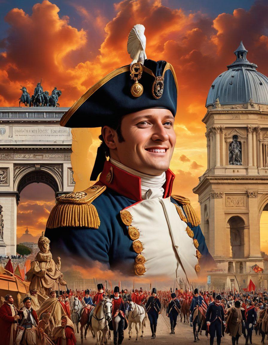 A vibrant collage depicting key moments from Napoleon's life, featuring a smiling Napoleon surrounded by iconic landmarks like the Arc de Triomphe and the Louvre, intertwined with historic maps and symbols of his empire. The background should blend warm sunrise colors symbolizing hope and elation, with a touch of dramatic clouds. Emphasize facial expressions of joy and determination in the figures. super-realistic. vibrant colors. dynamic composition.